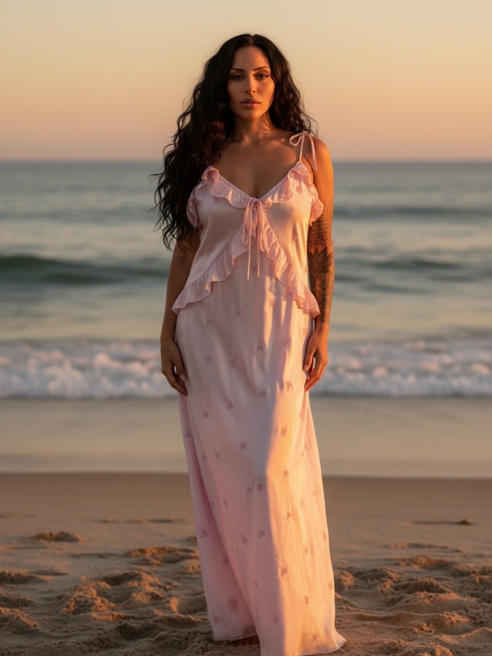 Women's Pink Ruffle Tie-Shoulder Nightgown